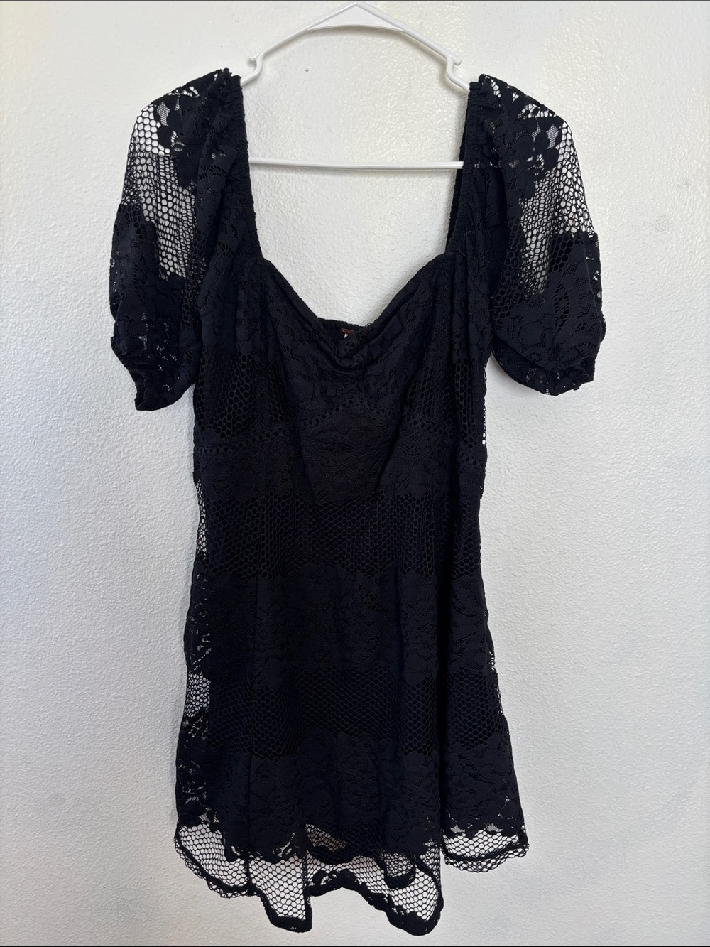 Free People Black Lace Puff-Sleeve Mini Dress